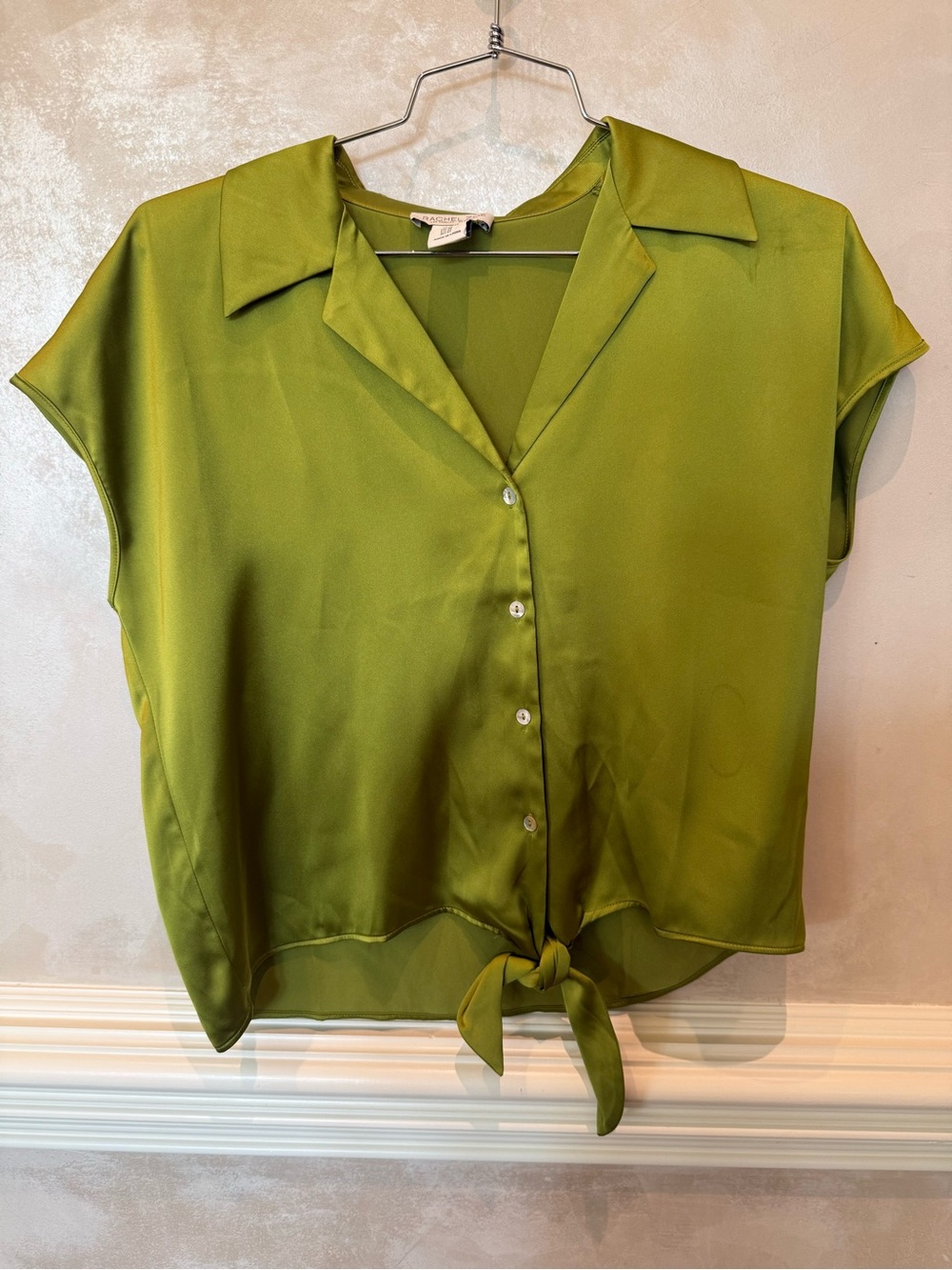Rachel Zoe Olive Green Satin Look Tie-Front Cap Sleeve Blouse